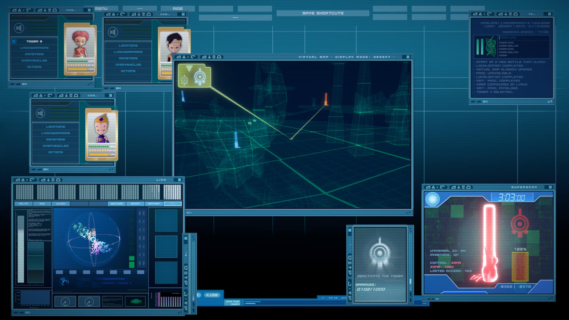 Screenshot from the IFSCL. On the Supercomputer interface screen, we see Odd, Ulrich, and Aelita heading towards a tower activated by XANA.
