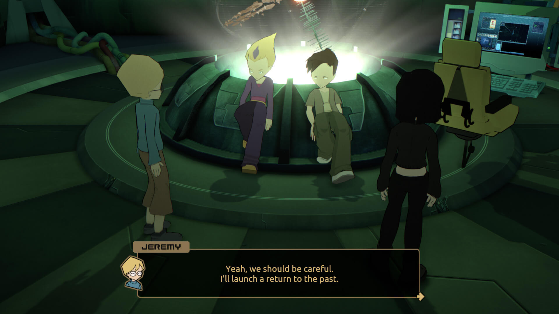 Screenshot from IFSCL. Jeremy, Ulrich, Odd and Yumi are talking in the factory laboratory.