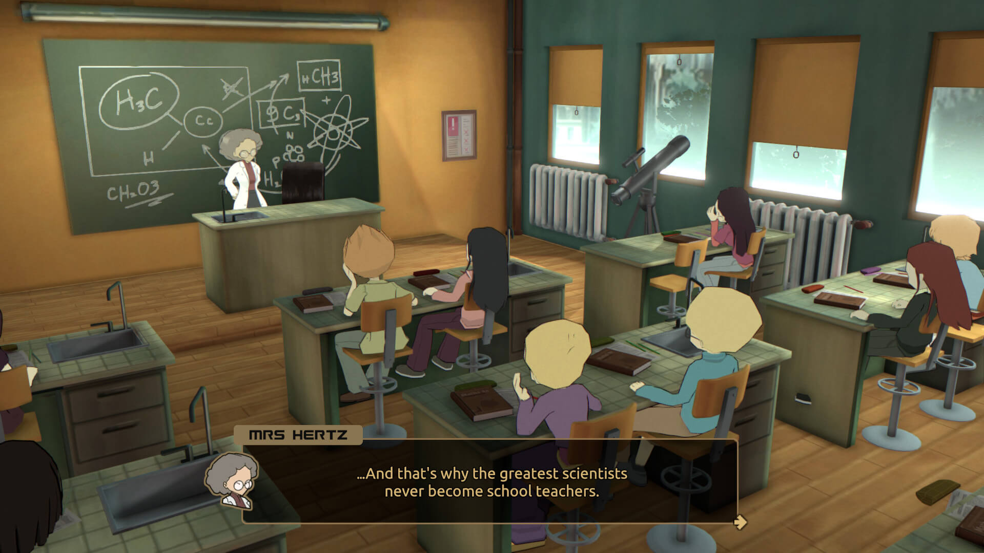 Screenshot from IFSCL. Ms. Hertz is giving a science lesson to Jérémie Belpois' class.