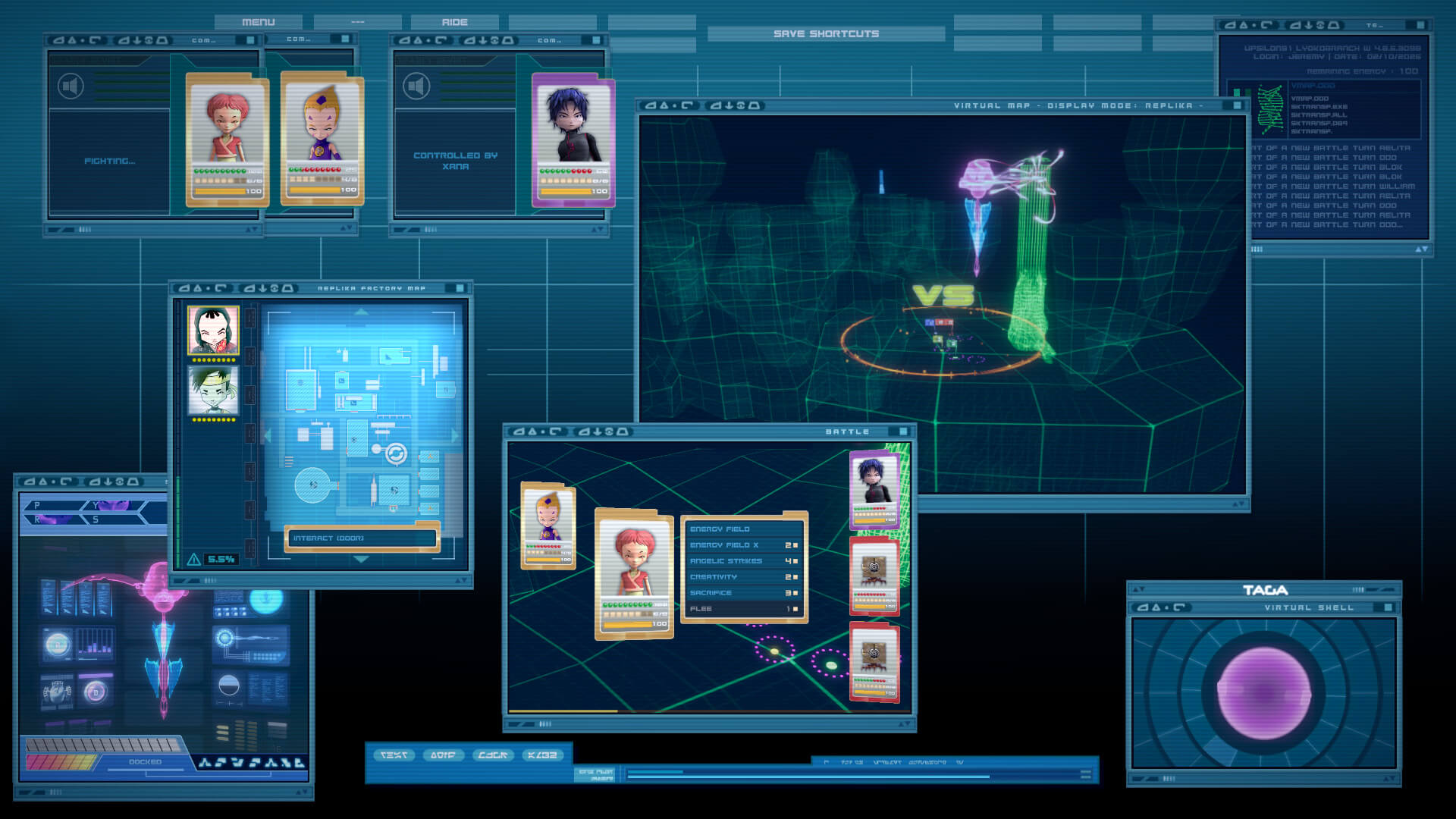Screenshot from the IFSCL. On the Supercomputer interface, William attacks Aelita and Odd who are defending the Skidbladnir while Ulrich and Yumi explore a replika factory.